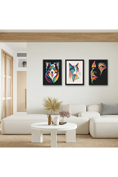 RS JANTİ STORE Set de 3 tablouri din lemn cu tematică câine pop art pisică pentru femei, decorare colorată pentru perete, cameră modernă pentru adolescenți