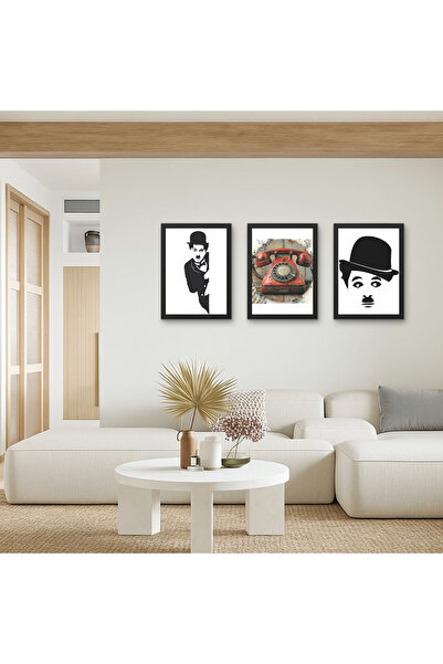 RS JANTİ STORE 3'lü Set Charlie Chaplin Retro Telefon Ahşap Tablo Siyah Beyaz Duvar Dekoru İkonik Vintage