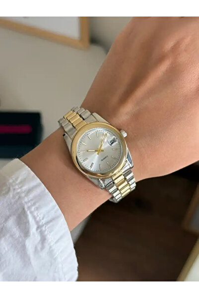 RoseandRoses Sansa Muadil Model Calendar Women's Wristwatch Gold-Silver (White Dial)