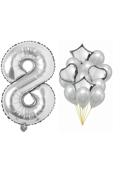 OEM Set of 15 silver balloons, birthday, number 98 cm, stars 45 cm, hearts 45...
