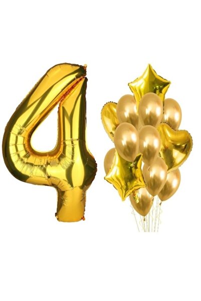 OEM Set 15 baloane aurii, aniversare 4, numere 101 cm, stele și inimioare 45 ...