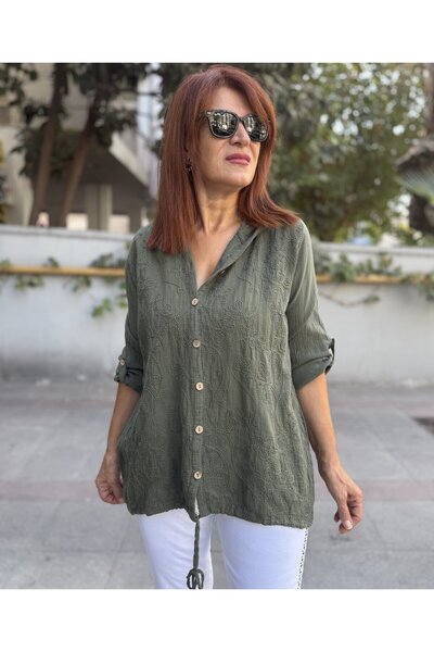 DenizEge Brode Pattern Shirt Hooded Khaki