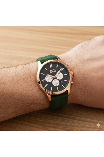 Slazenger Sl.09.1829.2.05 Men's Wristwatch |   45 mm Rosegold Case, Green Silicone Band, Multifunction