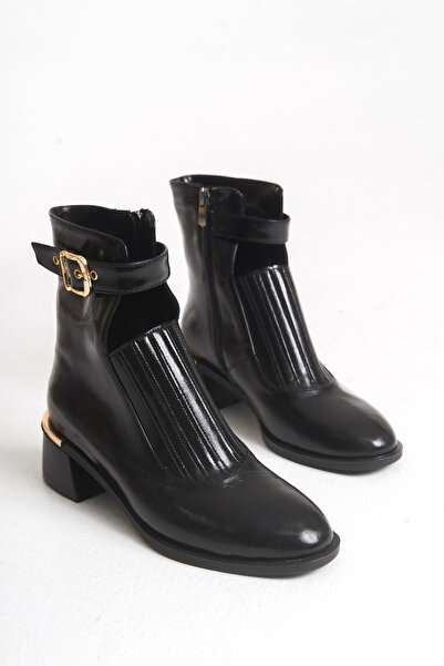 bolemo Kadın Siyah Rugan Önü Lastikli Tokalı Fermuarlı Günlük Bot