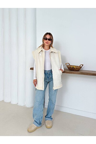 timagna Kadın Ekru Peluş Yelek Oversize – Kürk Detaylı Kışlık Şişme Yelek