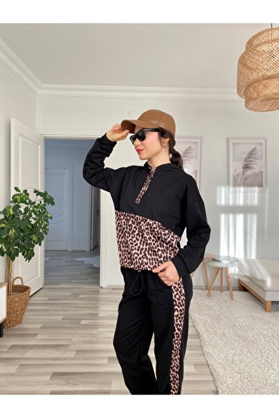Modayakamoz Women's Long Sleeve Leopard Detail Sweat and Leopard Stripe Detail Trousers Double Set