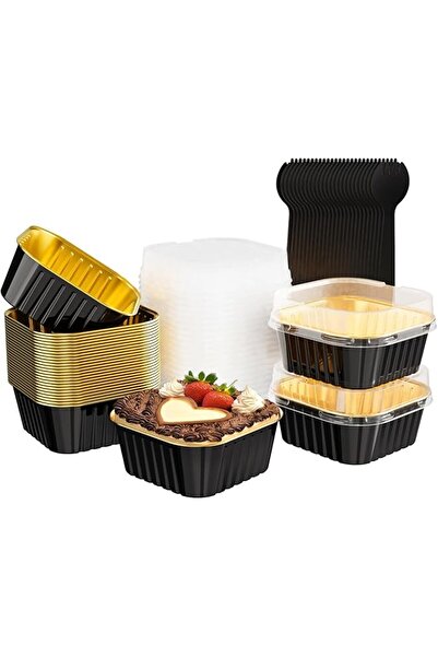 The Bros عبوة من 25 قالب كيك مربع صغير مع أغطية وأكواب من رقائق الألومنيوم سع...