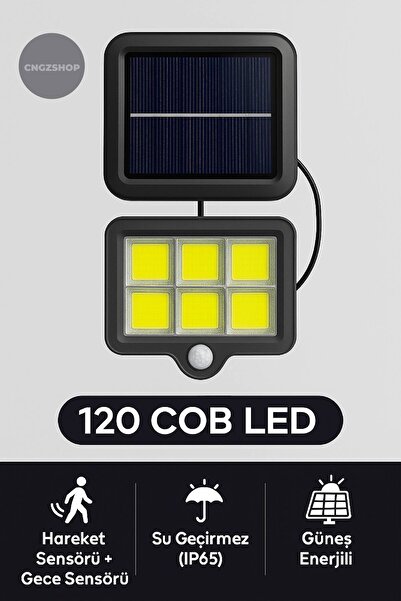 CNGZSHOP 120 COB LED Güneş Enerjili Solar Panel 3 Modlu Hareket Sensörlü Su Geçirmez Duvar Lambası (4,7 m Kab