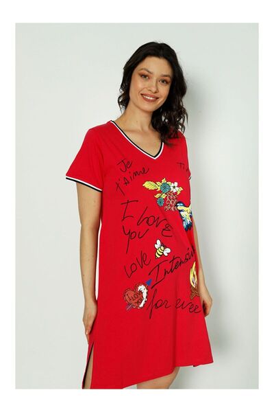 LC Waikiki Γυναικείο κοντό μανίκι 100% βαμβακερό χιτώνα με κόκκινη στάμπα