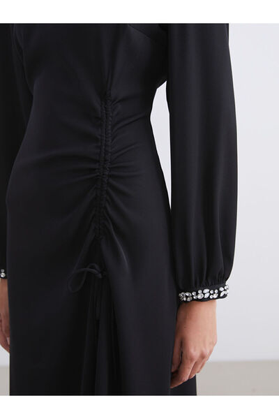 LC Waikiki Mg Trend'En Black Crew Neck Shirred Crepe Dress