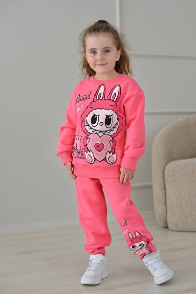 Yağmur Giyim طقم رياضي بناتي منقوش بثلاثة خيوط 100% قطن للأعمار من 3 إلى 10 س...