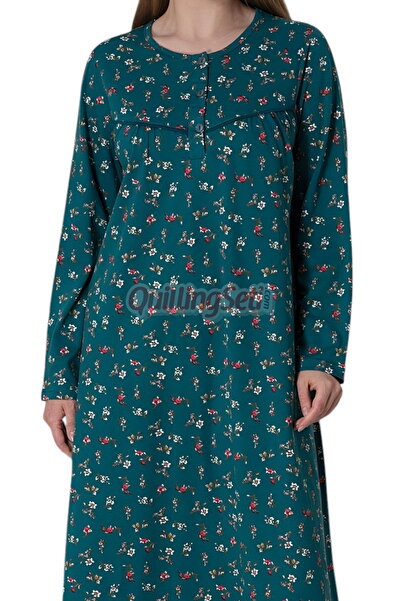 quilling Green Color Floral Pattern 6025 Women, 100% Cotton, Long Sleeve Plus Size Mother Nightgown, Dress