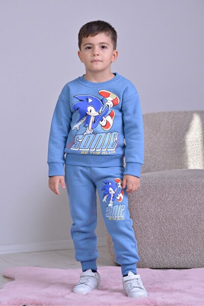 Yağmur Giyim Pjk3İ Sonic Patterned 3-Thread Ribbed 100% Cotton Boys' Tracksuit Set 3-10 Years Old 8260