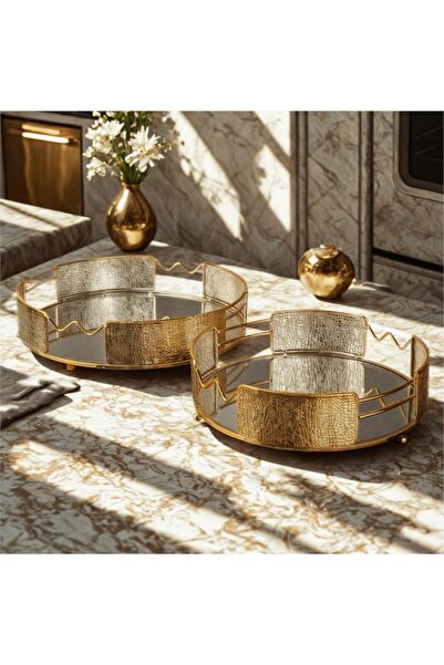 Hinora Parlak Metal Şık Aynalı Yuvarlak 2Li Tepsi Seti 25-30cm