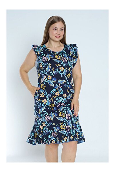 LC Waikiki Women's Navy Blue Plus Size Patterned 100% Cotton Dress with Pocke...