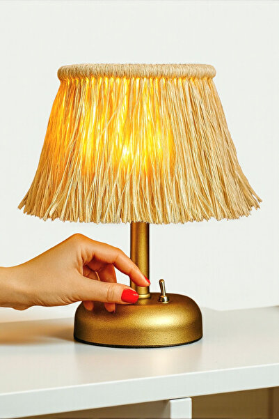 Bubihome Pilli Led Bohem Abajur,Kablosuz Rafya Hasır Led Abajur Gold Metal Gövde