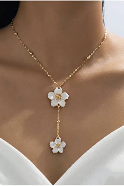 monalisatoka Kadın Gold Y Model Kolye Çiçek Ekru Mineli Ayarlanabilir Kolye