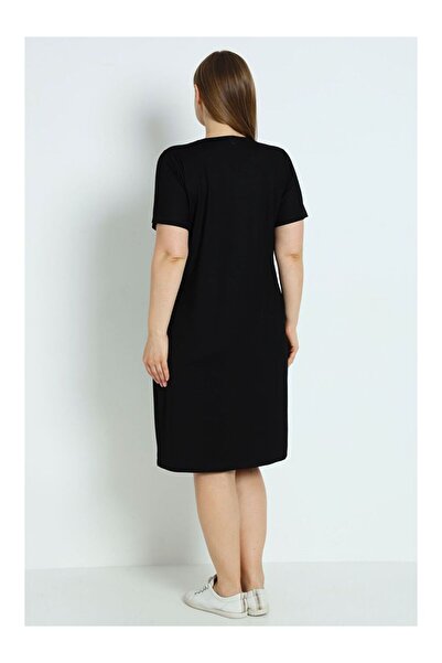 LC Waikiki Women's Plus Size Black Short Sleeve Pocket Detail Stone Detailed Elastane Dress