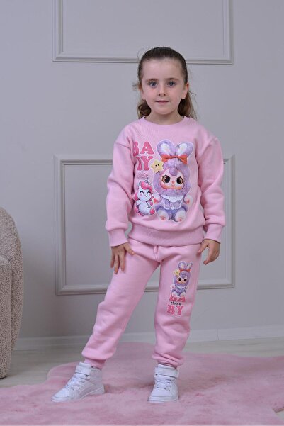 Yağmur Giyim Pjk3İ Baby Patterned 3-Thread Ribbed 100% Cotton Girls' Tracksui...