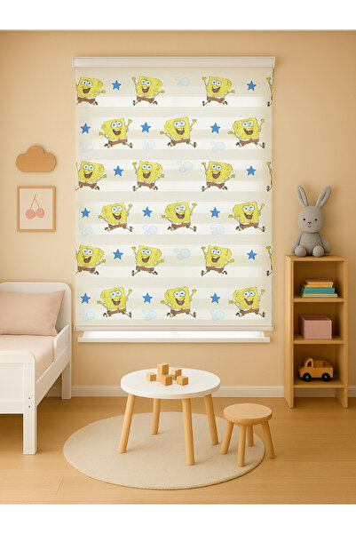 Pembepanjurevtekstıl (ENXBOY)SÜNGER BOB DİJİTAL BASKILI ZEBRA PERDE-STOR PERDE