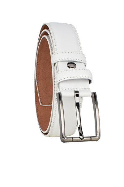 GoDeri Hakiki Kaliteli Deri Beyaz Dikişli Klasik, Kumaş Pantolon Kemeri 3,5 Cm=go-dk-kla