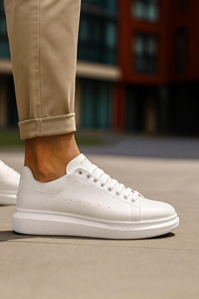 FLARF Erkek Kadın Unisex Bağcıklı Deri Yüksek Tabanlı Rahat Günlük Spor Ayakkabı Sneaker