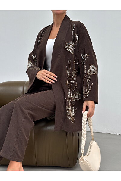 MİA NOURA Women's Oversize Fit Kimono with Beaded Embroidery on the Front