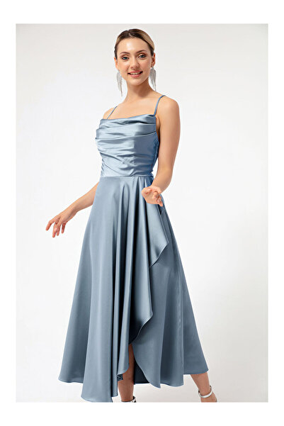 LC Waikiki Kadın Bebe Mavi Volanlı Yırtmaçlı Saten Midi Boy Abiye & Mezuniyet...