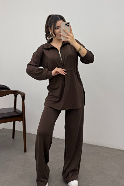 Bipantolon طقم رياضي نسائي بني اللون بخصر مطاطي وسحاب من قماش المودال