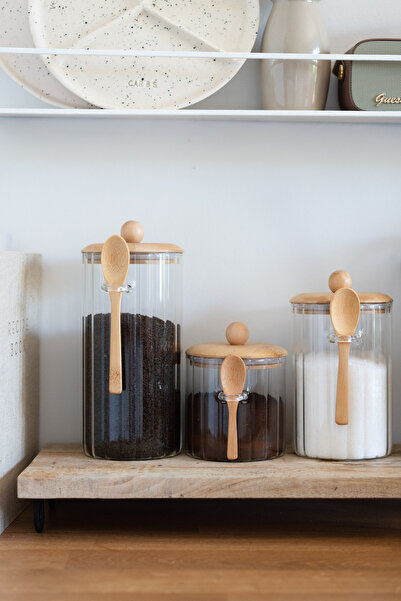 Dekorzdükkan Set of 3 Bamboo Lid Striped Glass Jars with Spoons (650/1000/135...