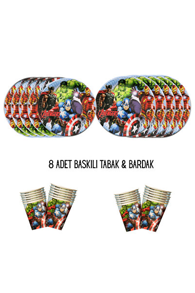 HAPPYLOOPPARTY Yenilmezler AVengerS Tema Uyumlu Baskılı 8 Kişilik Tabak , Bar...