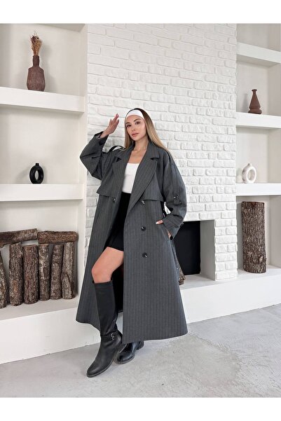 timagna Kadın Premium Trençkot Çizgili Desen Trend Uzun Dış Giyim Trençkot