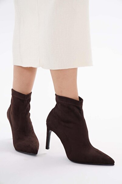 golden heel kahve süet streç 8.5 cm kısa boy kadın topuklu bot