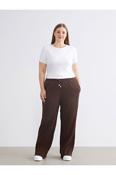 LC Waikiki Brown Elastic Waist Textured Wide Leg Women's Trousers