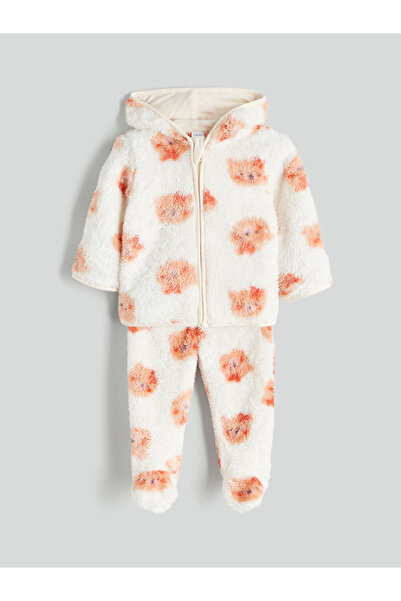 LC Waikiki Lcw Baby Ekru Hooded Plush Baby Girl Cardigan and Pants 2-Pack