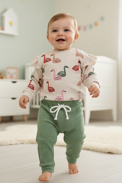 Lindakids Fitilli Kumaş % 100 Pamuk Kuğu Desenli Omuzu Fırfırlı- Omuzdan Çıtç...