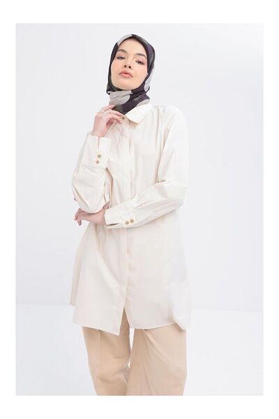 LC Waikiki Ecru-Cuff Slit Detailed Poplin Shirt