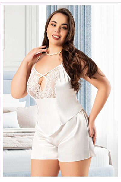lidofya Strappy Lace Plus Size Ecru Tank Top Shorts Set