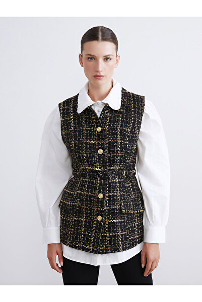 LC Waikiki Black Shirt Collar Women's Tweed Vest