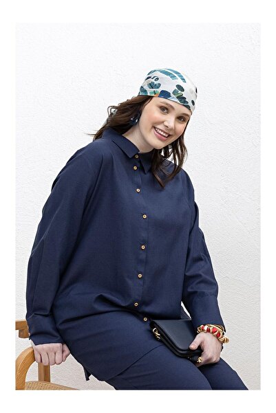 LC Waikiki Λινό πουκάμισο Indigo-Cuff Slit με λεπτομέρεια Plus Size