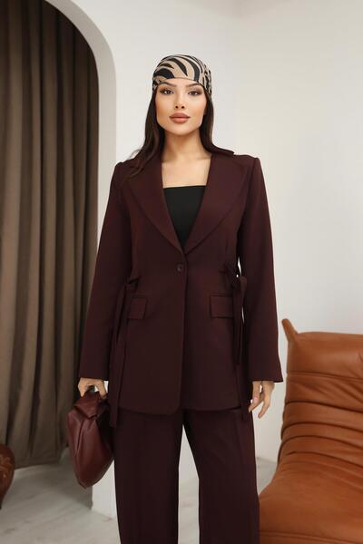 Hazel Women's Burgundy Side Belted Blazer Jacket Pants Set