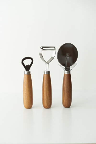 Dekorzdükkan Acacia Handle 3-Piece Kitchen Utensil Set (Pizza Cutter-Opener-P...