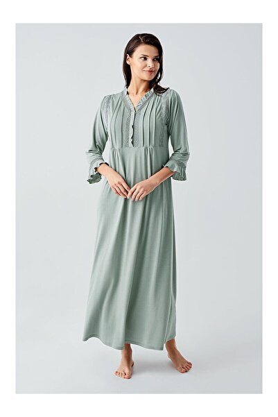 LC Waikiki Lace Buttoned Long Sleeve Stretchy Viscose Nightgown 17110