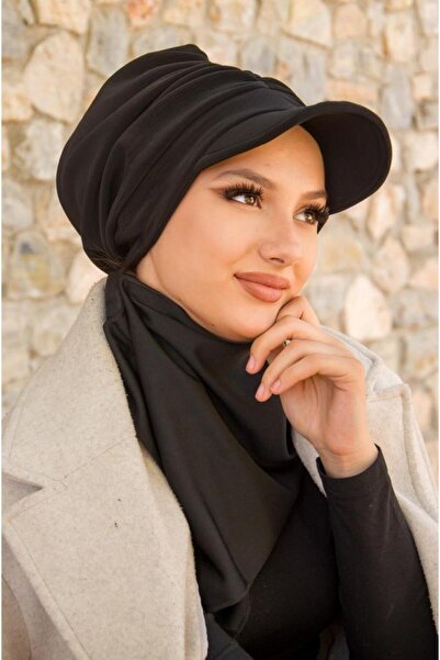 Aişe tesettür Black Drawstring Hijab Hat and Etol Set