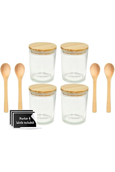 Generic PESCADOR 4 Glass Jars With Wooden Lids and 4 spoons- 250 ml glass jar for food storage of dry goods,