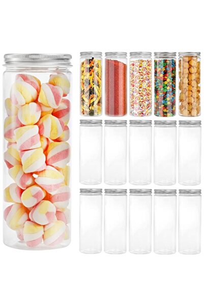 Generic Tebery 16 Pack Plastic Spice Jars Bottles Containers with Lids 17oz Clear Straight Cylinders Plastic