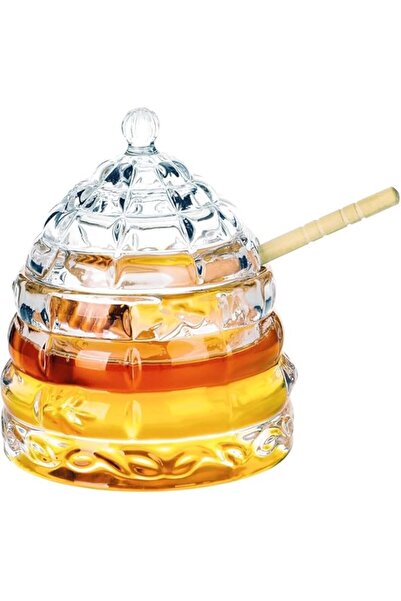 Generic i Glass Honey Jars with Dipper and Lid Crystal Clear Honeycomb Wooden Stick Holder Heavy Glass Honey