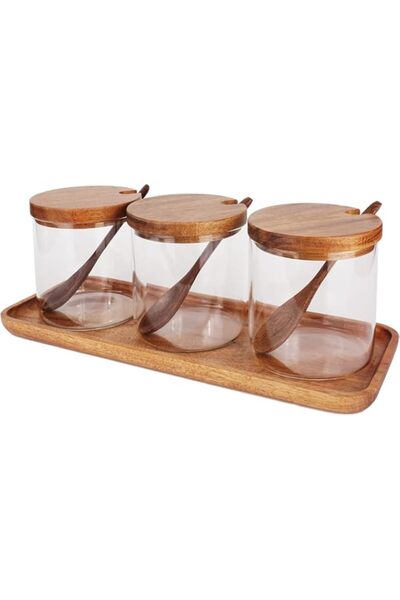Generic YHRY 3 Pcs Glass Spice Jars with Wooden Lids, 8i5oz Stylish Kitchen Canisters, Elegant Glass Condime