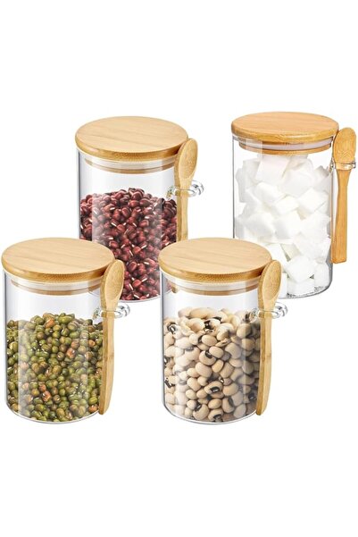 Generic DOOKOO 4 Pack Glass Jars with Bamboo Airtight Lid and Spoons, Clear Sugar Container Glass Storage Co
