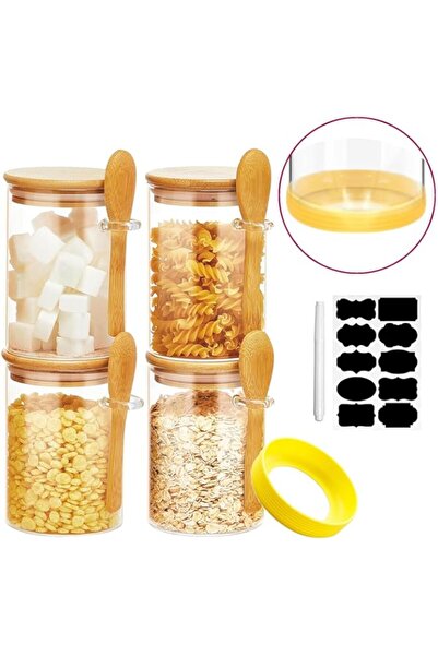 Generic Tycom Glass Storage Jar (4 Pcs) with Bamboo Lids and bamboo Spoon, Airtight Food Jars Kitchen Food S
